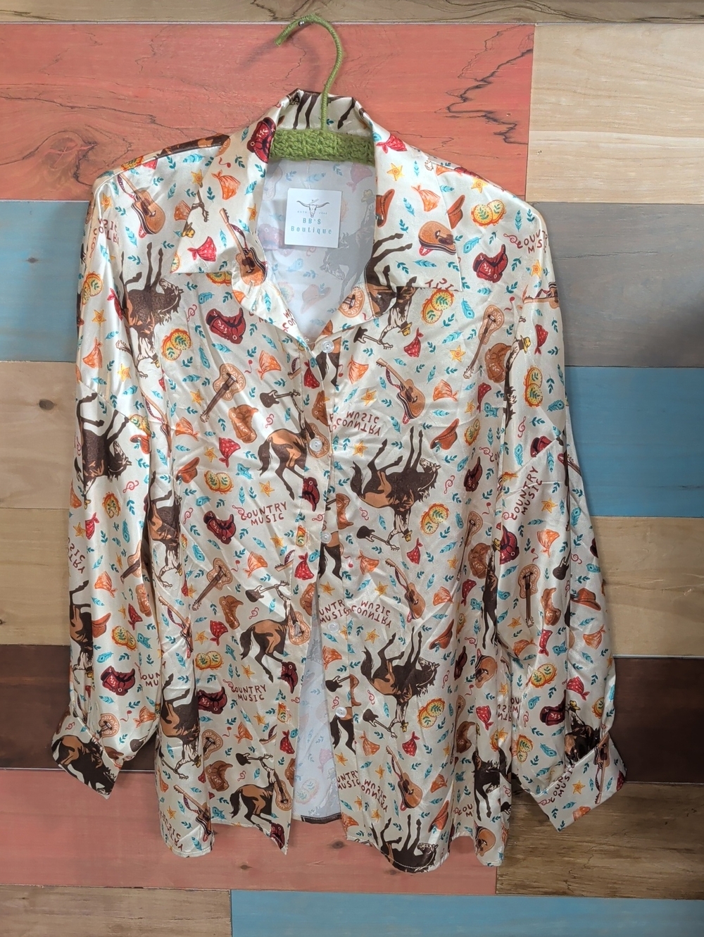 Satin Country Motif Button-Down Shirt - Cream